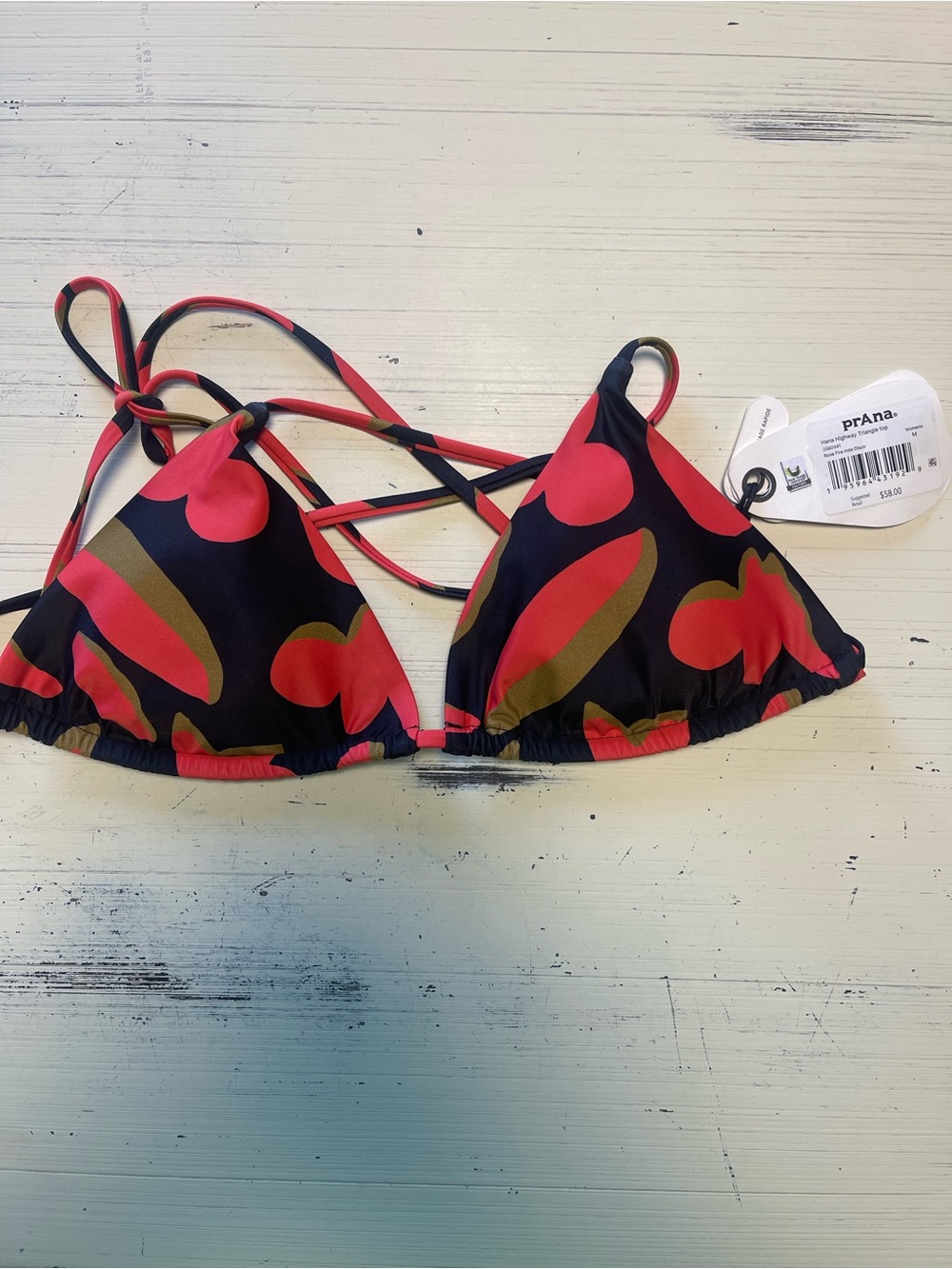 Prana Black Bikini Top with Red & Olive Graphic Print